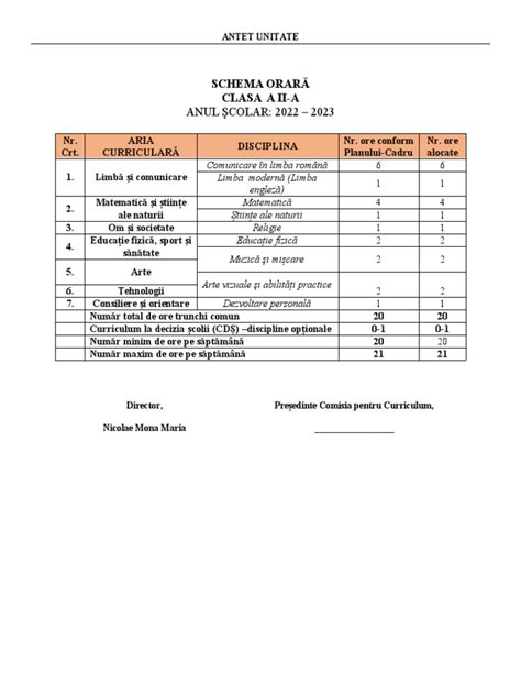 3 Schema Orara Clasa A Ii A Pdf