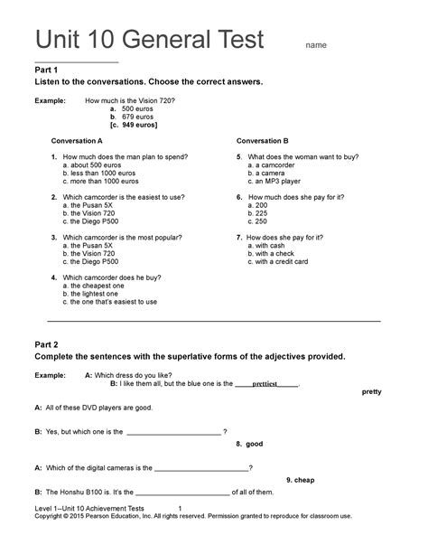 Top Notch 1 Unit 10 Assessment Unit 10 General Test Name