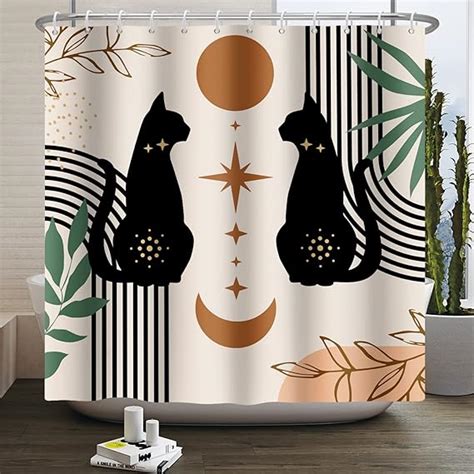 Chloroplastid Boho Shower Curtain Black Cat Shower Curtains Mid Century