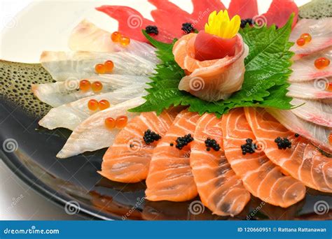 Close Up Japanese Food Raw Fish Mixed Sashimi In Plate Japanese Stock