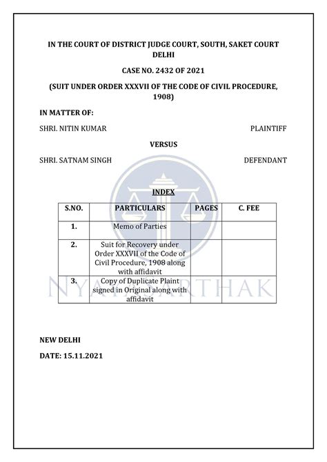 Summary SUIT Under Order Xxxvii OF THE CPC 1908 IN THE COURT OF