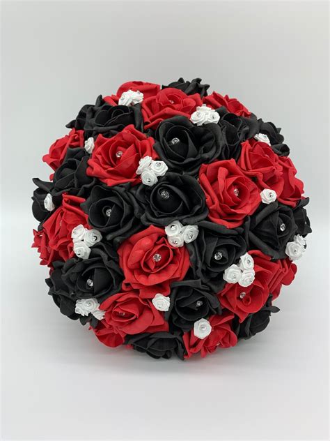 Artificial Wedding Flowers Red Black and White Rose Bouquets Bride ...