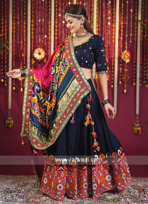 Navy Blue Cotton Silk Kachhi Embroidered Chaniya Choli