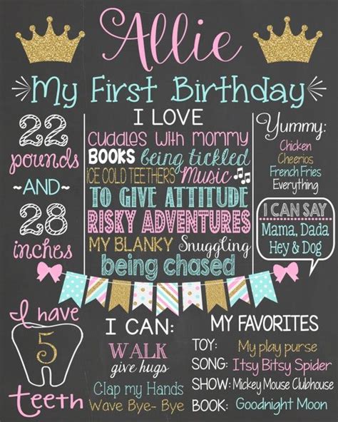 Princess First Birthday Personalized Chalkboard Printalbe Girl First