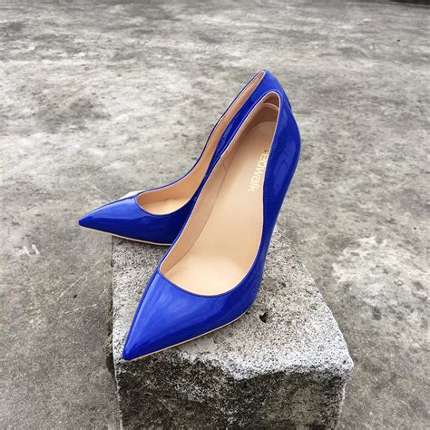 Royal Blue Patent Leather Women Classic Slip On Pumps Veowalk Ladies Pointed Toe Stilettos