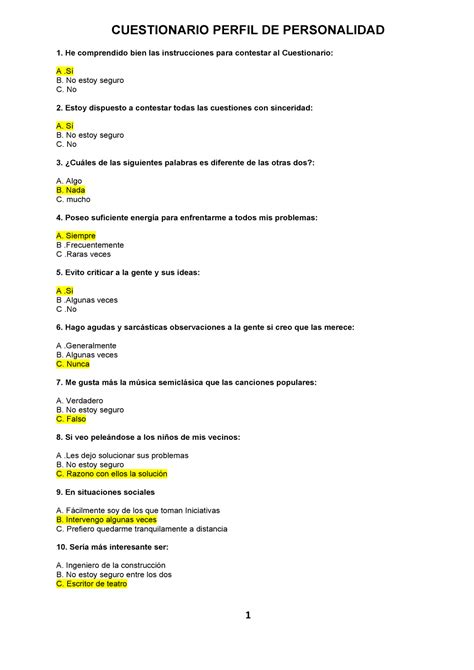 Pruebas Psicometricas Respuestas Cuestionario Perfil De Personalidad