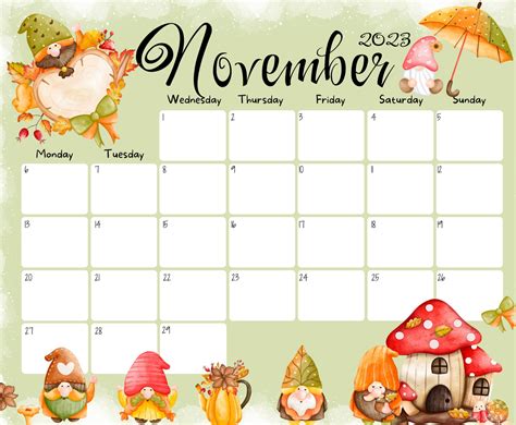 Editable November Calendar Fall Colors Cute Gnoms Etsy Artofit