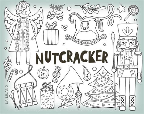 Nutcracker Black and White Clipart, Christmas Doodle Clip Art, Winter ...