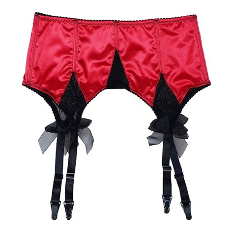 Womens Red Satin Sexy Wide Straps Big Bow Metal Clips Garter Belts For