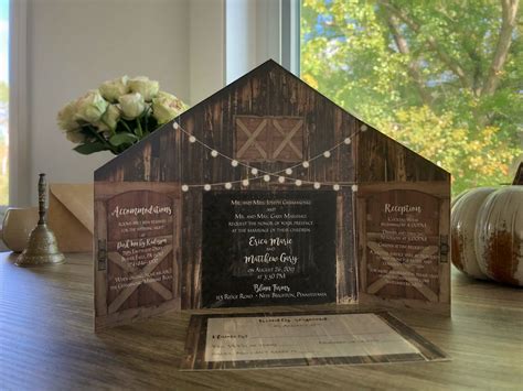 Rustic Barn Wedding Invitation With Folding Doors And Strings Of Lights