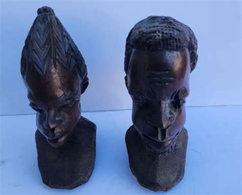 VINTAGE HAND CARVED Wood African Tribal Man Woman Couple Pair Bust