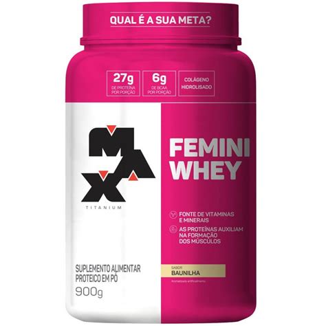 Kit Femini Whey G Coqueteleira Max Titanium Meu Mundo Fit