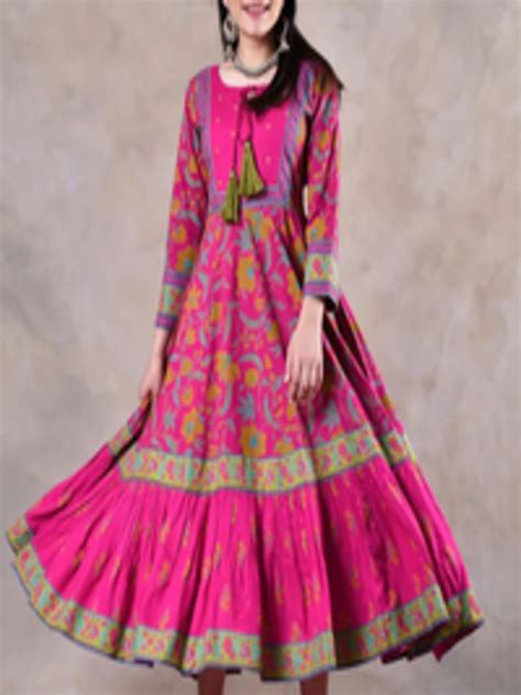 Buy Rustorange Pink Ethnic Motifs Tie Up Neck Rayon A Line Midi Dress