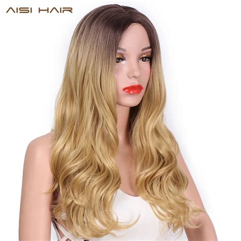 Aisi Hair 26 Inch Blonde Ombre Wig Synthetic Long Wavy Natural Hair In