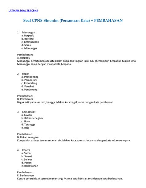 Soal Cpns Sinonim Persamaan Kata Pembahasan Pdf