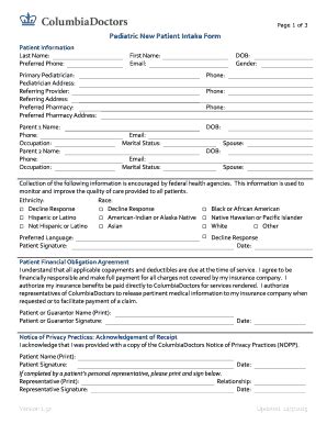 Fillable Online Page Of Pediatric New Patient Intake Form