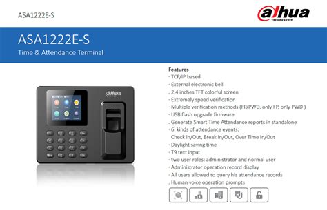 Time Attendance Systems Dahua Asa E S At Time Attendance