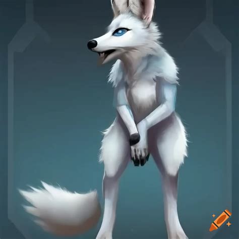 Realistic Anthropomorphic White Wolf With Fennec Fox Ears And Blue Eyes