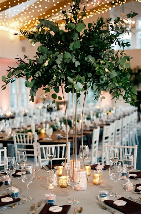 Real Wedding Tall Greenery Centerpiece Modern Wedding Centerpieces