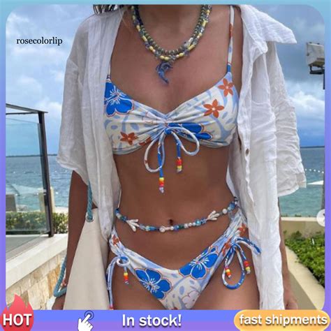 RR Bikini Set Sexy Bow Lace Up Floral Print Women Swimsuit For Pool