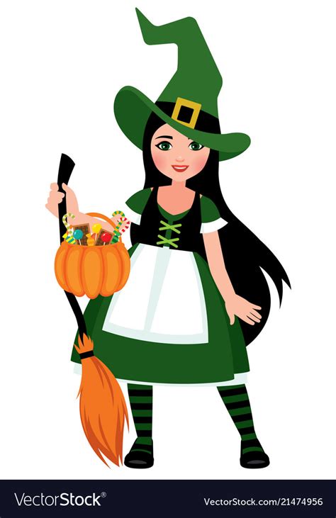 Cute Girl In Halloween Witch Costume In Full Lengt