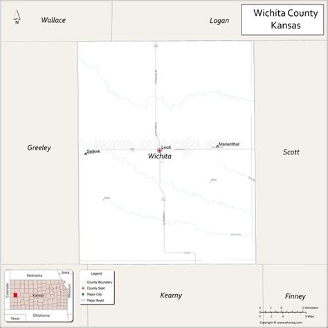 Map of Wichita County, Kansas showing cities, highways & important ...