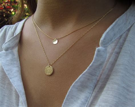 Tiny Gold Disc Necklace Dainty Gold Necklace Hammered Gold Etsy