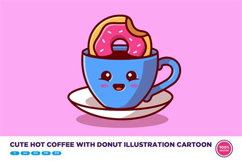 Cute Hot Coffee With Donut Illustration Graphic By Catalyststuff