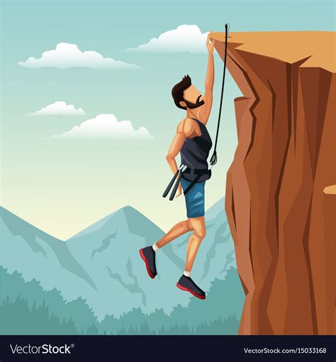 Scene Landscape Man Hanging On Cliff Rock Vector Image