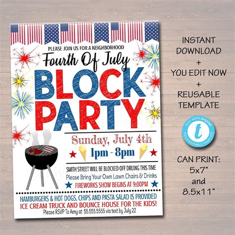 Patriotic Neighborhood Block Party Invite Printable Bbq Picnic Summer