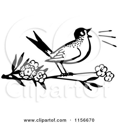 Clipart of a Black and White Retro Bird Singing on a Branch - Royalty ...