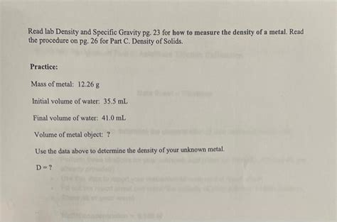 Solved Read Lab Density And Specific Gravity Pg For How Chegg