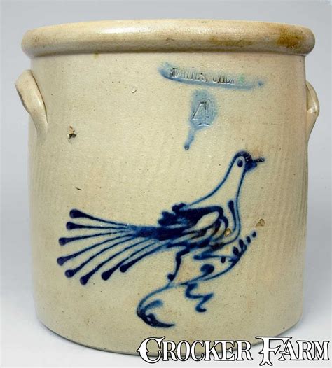 Stoneware Crock With Cobalt Bird Decoration Stamped Whites Utica