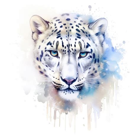 Premium AI Image Watercolor Painting Of Snow Leopard With White