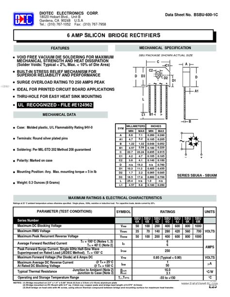 SBU6G Datasheet PDF Diotec Electronics Corporation