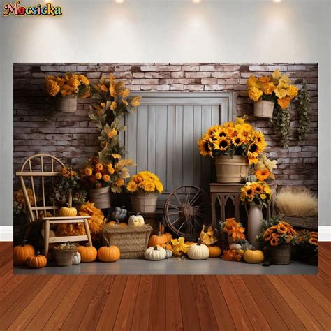 Fall Backdrop Autumn Scenery Farm Warehouse Pumpkin Haystack Barn Maple