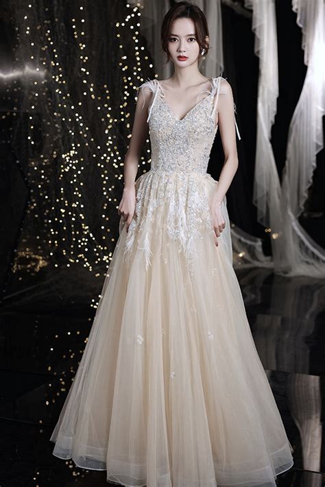 Champagne V Neck Tulle Beads Long Prom Dress Evening Dress On Luulla