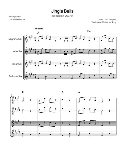 Jingle Bells For Saxophone Quartet Arr Daniel Nakamura Sheet Music