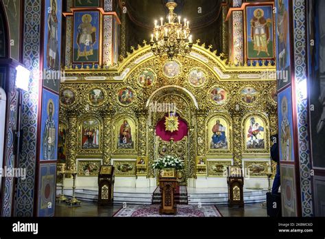 Interior of the St. Michael's Golden-Domed Cathedral with altar and ...