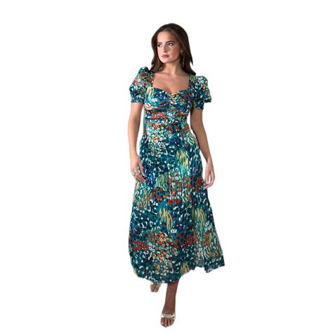 Multicoloured Flora Midi Dress With Sweetheart Neckline And Puff Sleeves