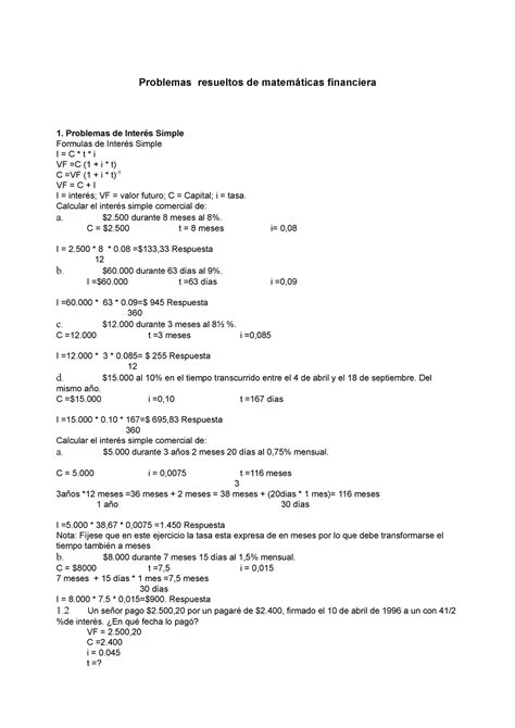 Ejercicios matematica financiera Problemas resueltos de matemáticas