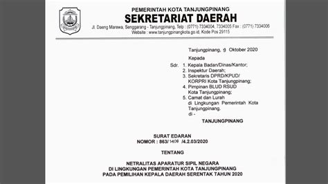 Surat Edaran Netralitas ASN Pemko Tanjung Pinang Pada Pilkada Serentak