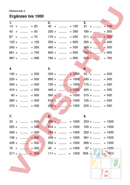 Arbeitsblatt Ergänzen bis Tausend Mathematik Addition