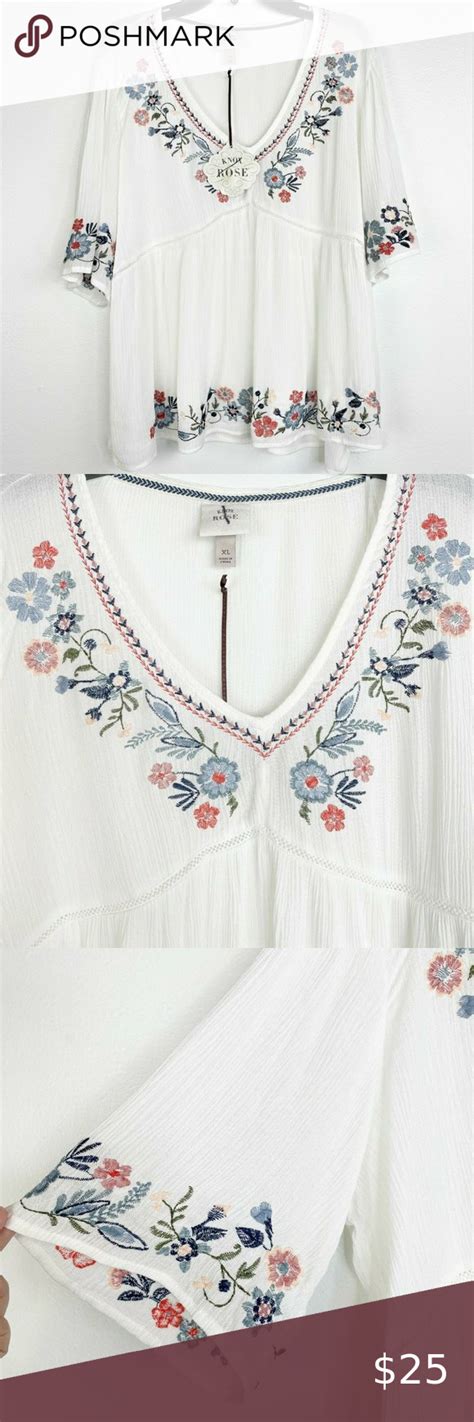 Knox Rose Top Size XL Embroidered Floral Ivory V Neck Peasant Women S X