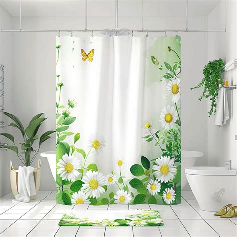 NatureInspired White Bathroom Shower Curtain With Green Leaves And