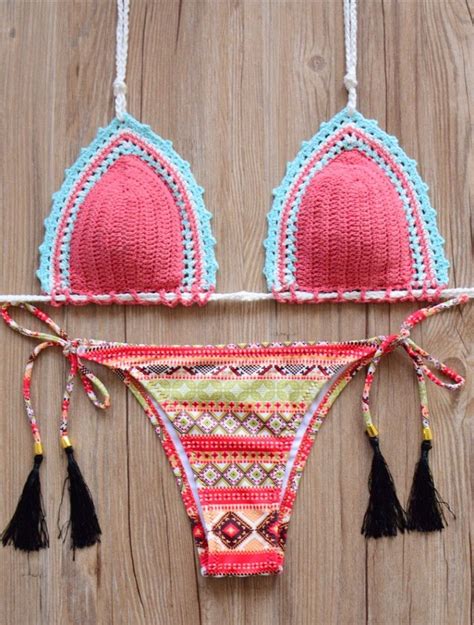 Red Top Geometric Knit Brazilian Bikini Set Swimwear Swimsuit Biquini