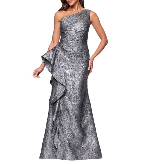 Xscape One Shoulder Metallic Jacquard Gown With Ruffle | Dillard's