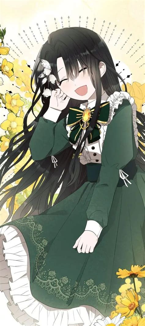 An Anime Girl With Long Black Hair And Green Dress Sitting In Front Of