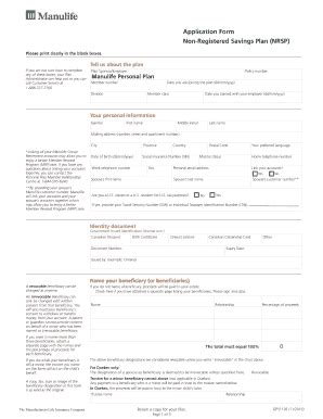 Fillable Online Application Form Non Registered Savings Plan Manulife