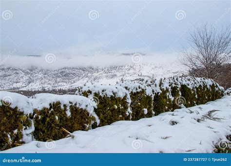 Snow Covered Mountains And Clouds In Osoyoos Bc Stock Image Image Of